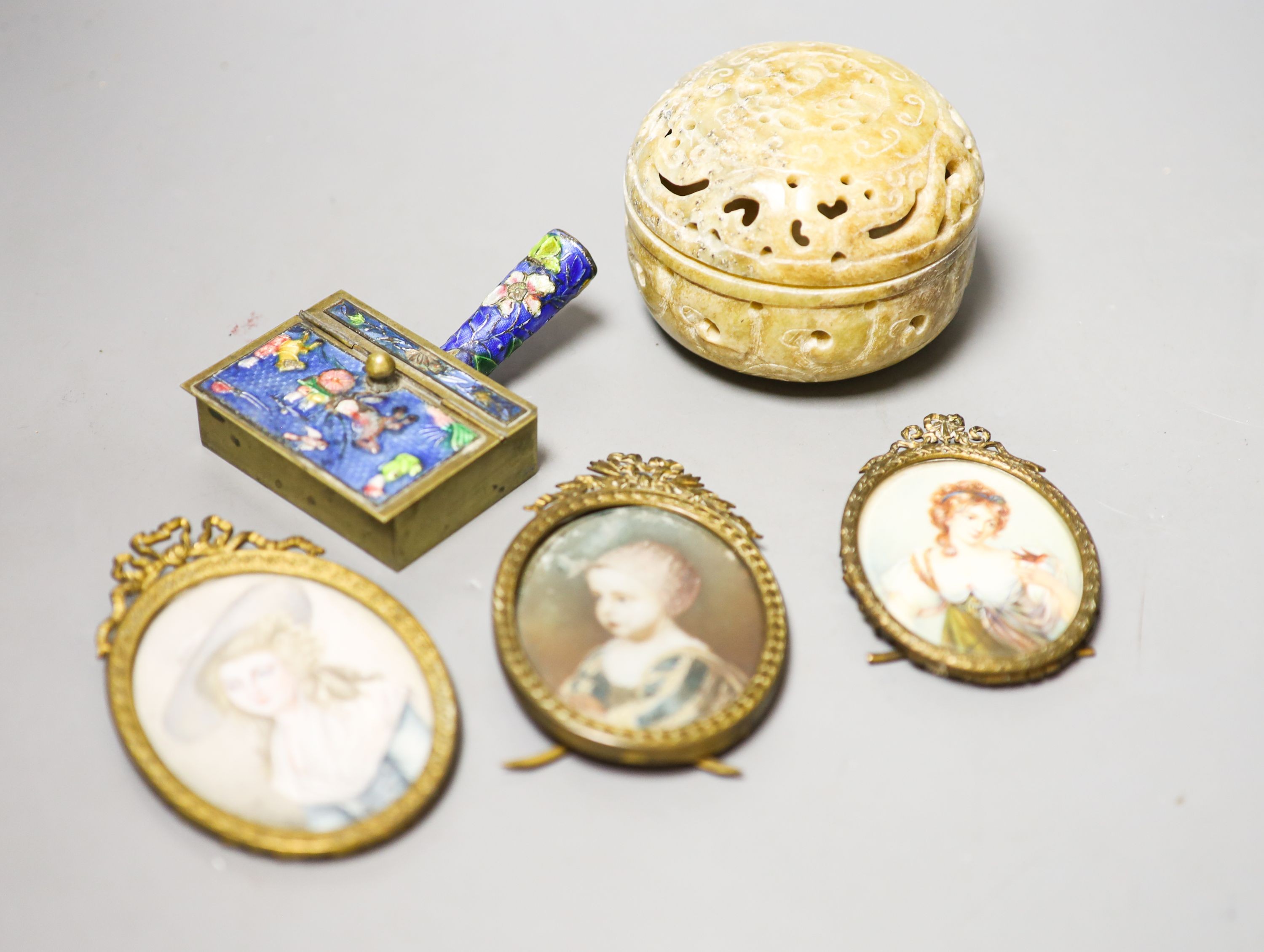 Three miniatures of ladies on ivory, early 20th century and a soapstone lidded pot and enamelled box